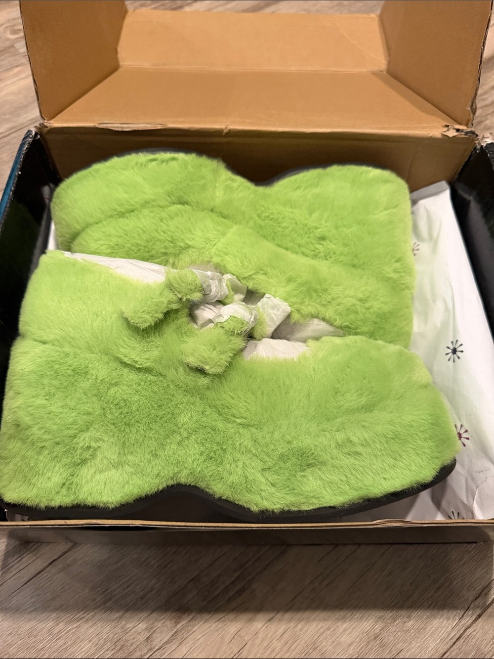 Dolls Kill Neon Green Faux Fur Platform Slides